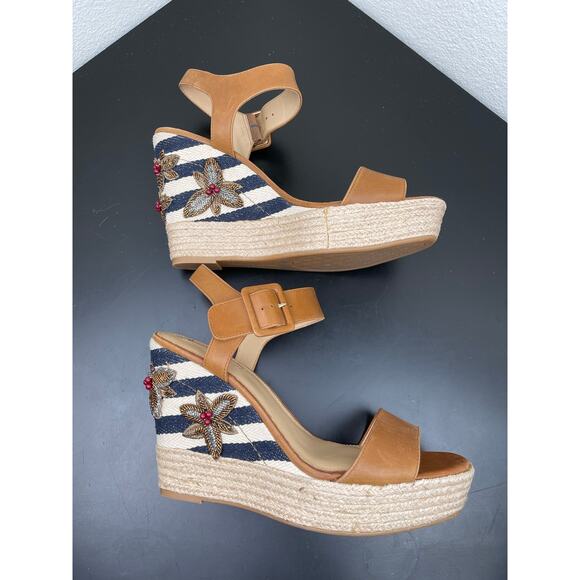 Antonio Melani Leather Beaded Berry Leaves Espadrille Wedge Sandals 10M Tan - Picture 4 of 11